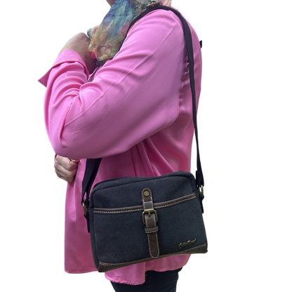 COTTON ROAD SLING BAG: BLACK Canvas with PU Leather Trim Bag