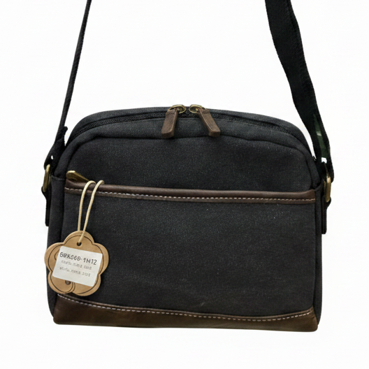 COTTON ROAD SLING BAG: BLACK Canvas with PU Leather Trim Bag BACK