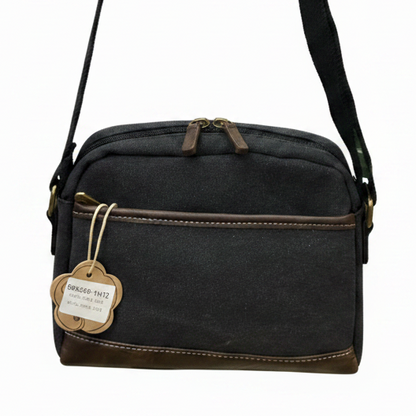 COTTON ROAD SLING BAG: BLACK Canvas with PU Leather Trim Bag BACK