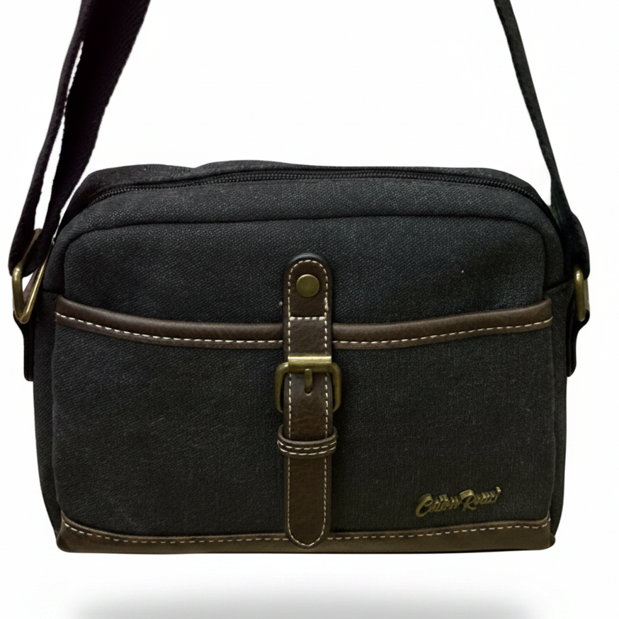 COTTON ROAD SLING BAG: BLACK Canvas with PU Leather Trim Bag FRONT