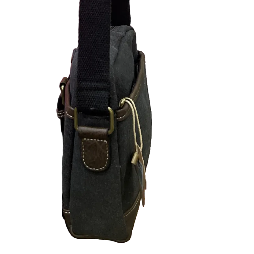 COTTON ROAD SLING BAG: BLACK Canvas with PU Leather Trim Bag SIDE