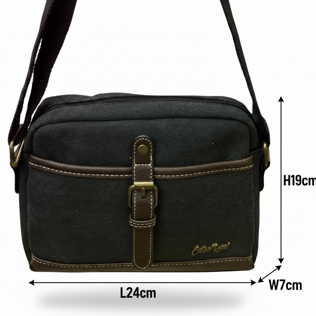 COTTON ROAD SLING BAG: BLACK Canvas with PU Leather Trim Bag SIZE