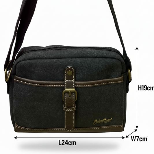 COTTON ROAD SLING BAG: BLACK Canvas with PU Leather Trim Bag SIZE