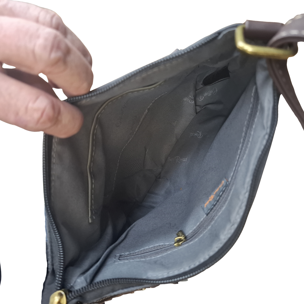 COTTON ROAD SLING BAG: BLACK Soft PU Leather CROSSBODY with BROWN OPEN
