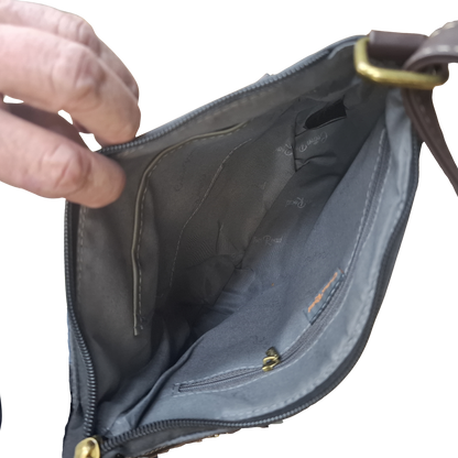 COTTON ROAD SLING BAG: BLACK Soft PU Leather CROSSBODY with BROWN OPEN