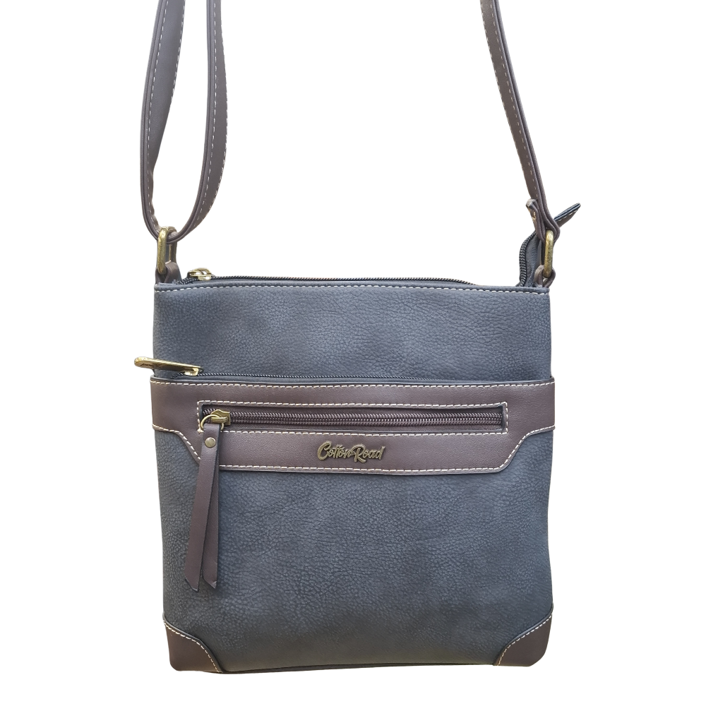 COTTON ROAD SLING BAG: BLACK Soft PU Leather CROSSBODY with BROWN TRIM