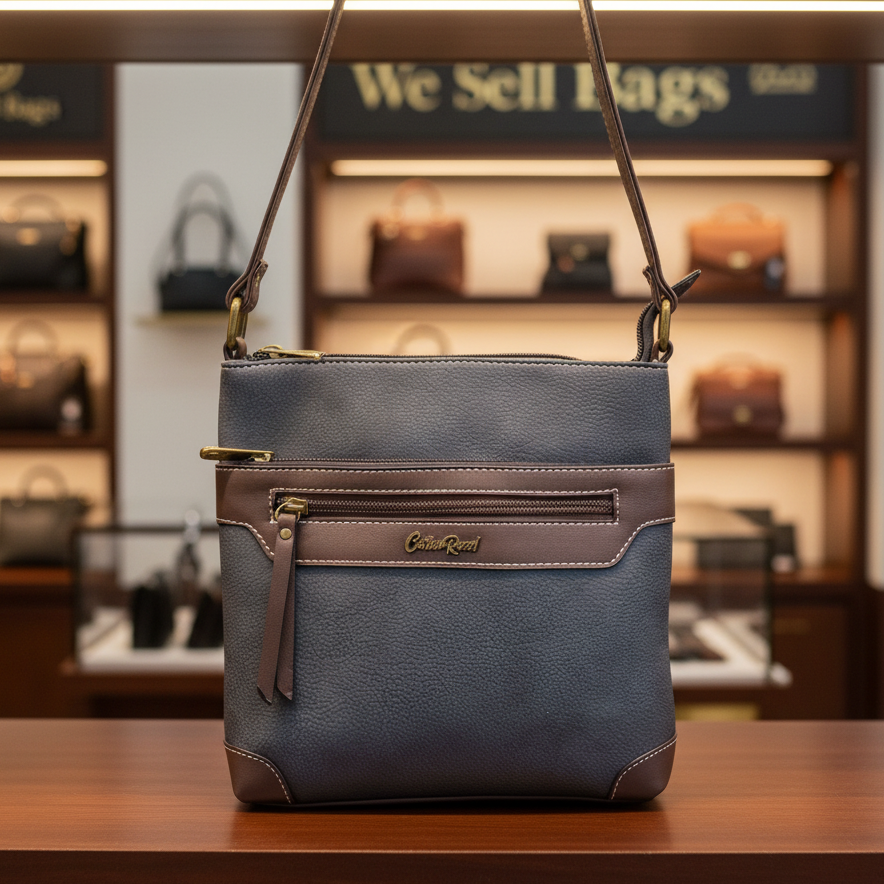 COTTON ROAD SLING BAG: BLACK Soft PU Leather CROSSBODY with BROWN TRIM DISPLAY