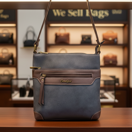 COTTON ROAD SLING BAG: BLACK Soft PU Leather CROSSBODY with BROWN TRIM DISPLAY