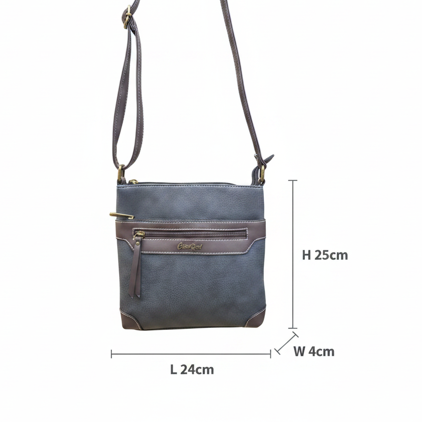 COTTON ROAD SLING BAG: BLACK Soft PU Leather CROSSBODY with BROWN TRIM SIZE