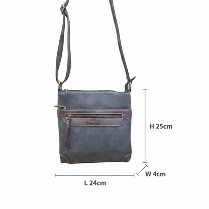 COTTON ROAD SLING BAG: BLACK Soft PU Leather CROSSBODY with BROWN TRIM SIZE