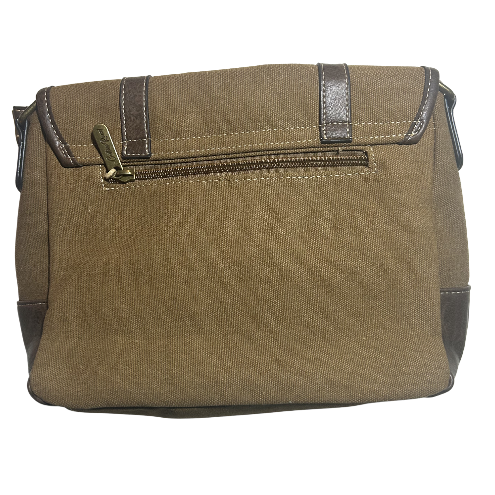 COTTON ROAD SLING BAG: BROWN CANVAS with PU LEATHER DETAILING MESSENGER BAG BACK