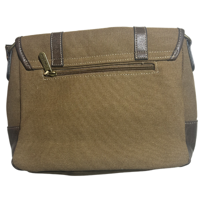 COTTON ROAD SLING BAG: BROWN CANVAS with PU LEATHER DETAILING MESSENGER BAG BACK