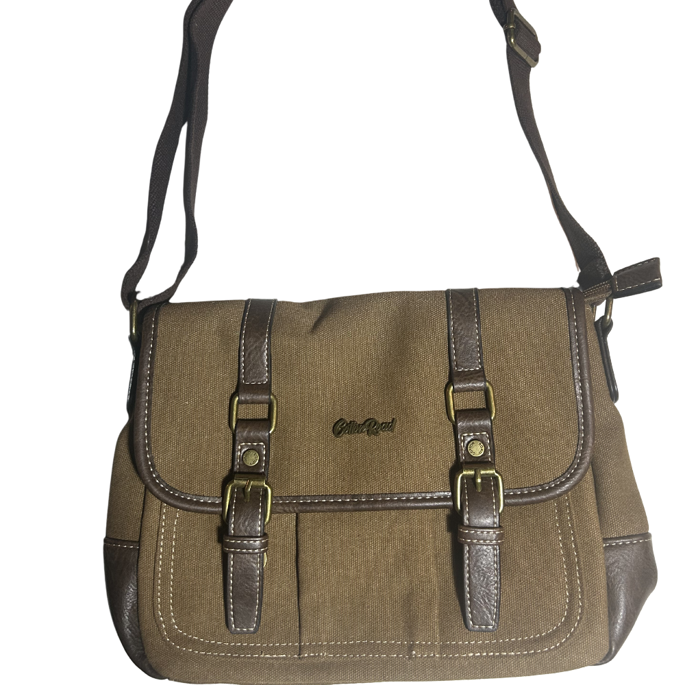 COTTON ROAD SLING BAG: BROWN CANVAS with PU LEATHER DETAILING MESSENGER BAG FRONT