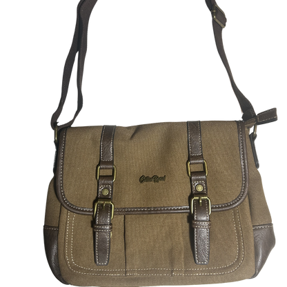 COTTON ROAD SLING BAG: BROWN CANVAS with PU LEATHER DETAILING MESSENGER BAG FRONT