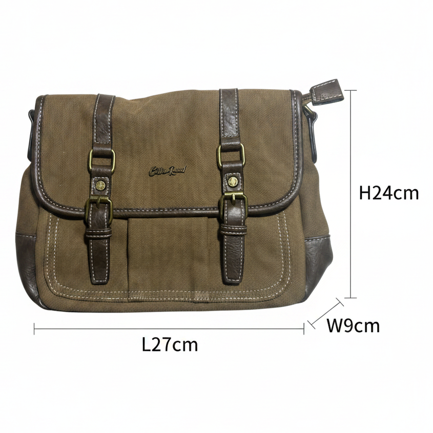 COTTON ROAD SLING BAG: BROWN CANVAS with PU LEATHER DETAILING MESSENGER BAG SIZE