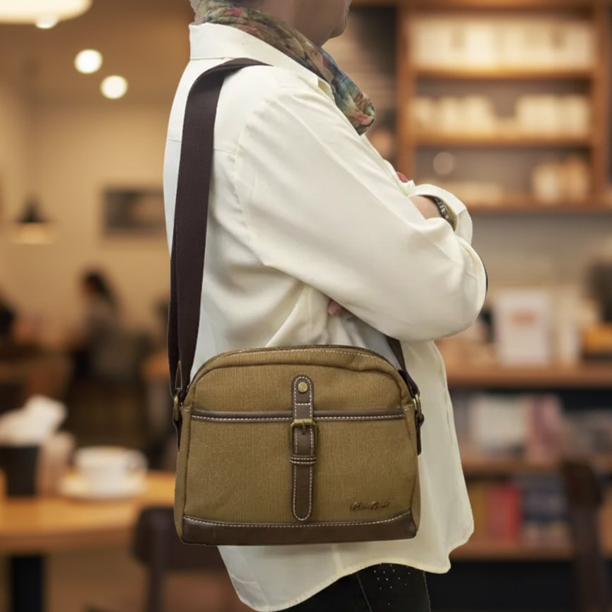 Cotton Road Sling Bag: BROWN Canvas with PU Leather Trim