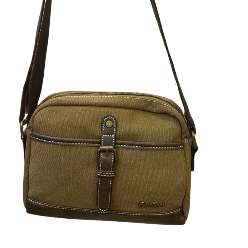 COTTON ROAD SLING BAG: BROWN Canvas with PU Leather Trim Bag front view