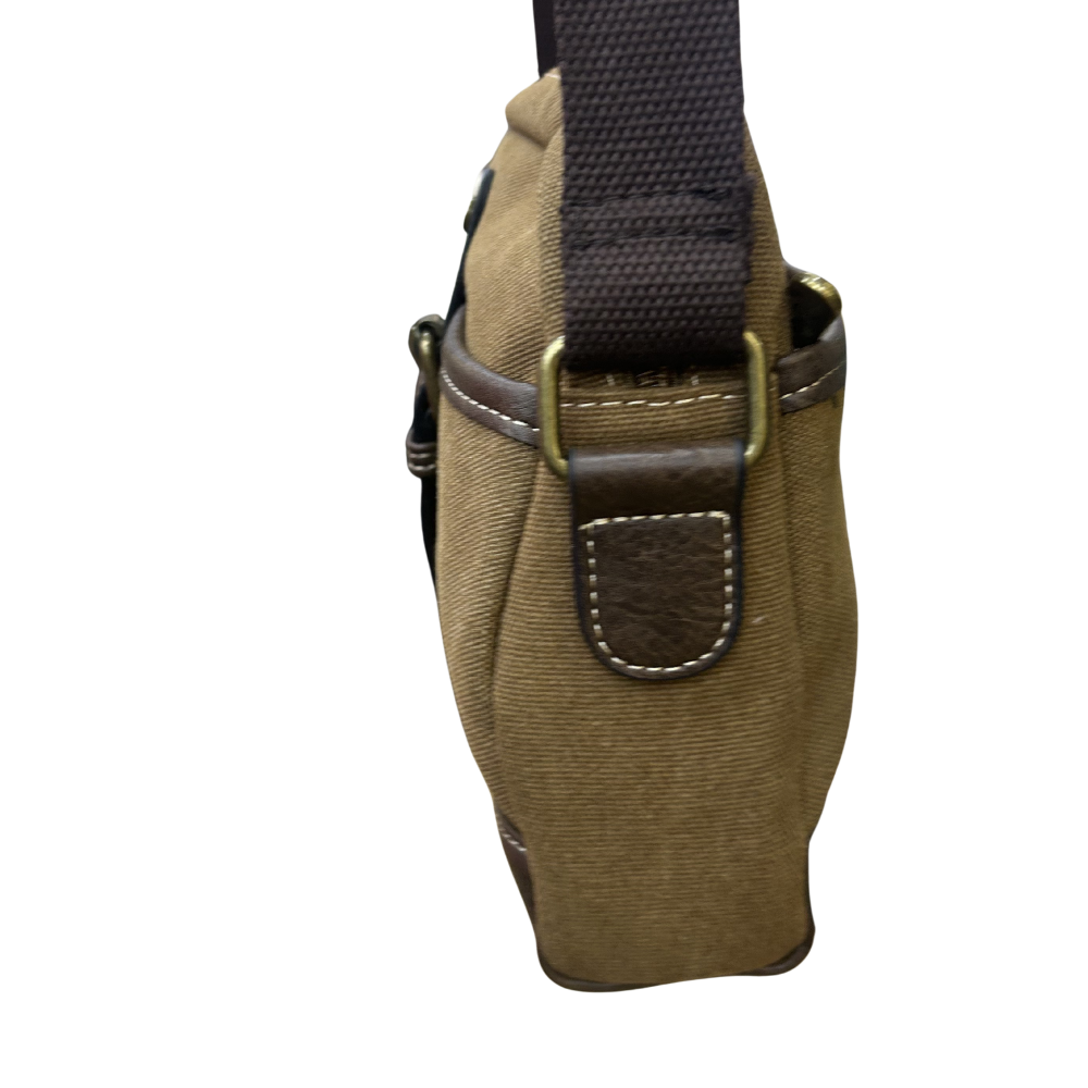 COTTON ROAD SLING BAG: BROWN Canvas with PU Leather Trim Bag side view