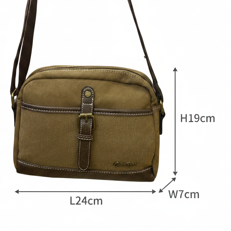 COTTON ROAD SLING BAG: BROWN Canvas with PU Leather Trim Bag size