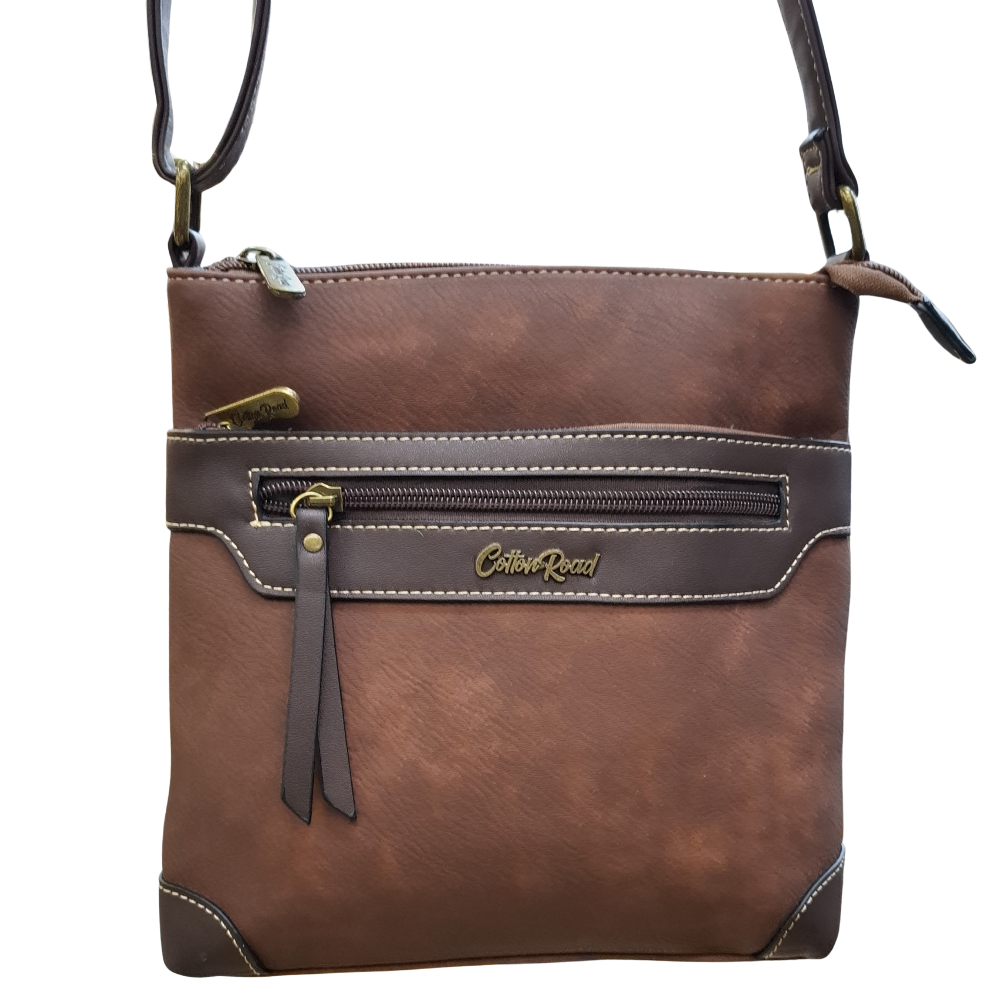 COTTON ROAD SLING BAG: Brown Soft PU Leather CROSSBODY with BROWN TRIM
