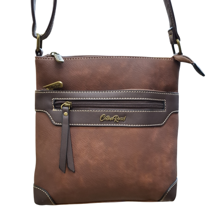 COTTON ROAD SLING BAG: Brown Soft PU Leather CROSSBODY with BROWN TRIM