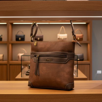 COTTON ROAD SLING BAG: Brown Soft PU Leather CROSSBODY with BROWN TRIM DISPLAY