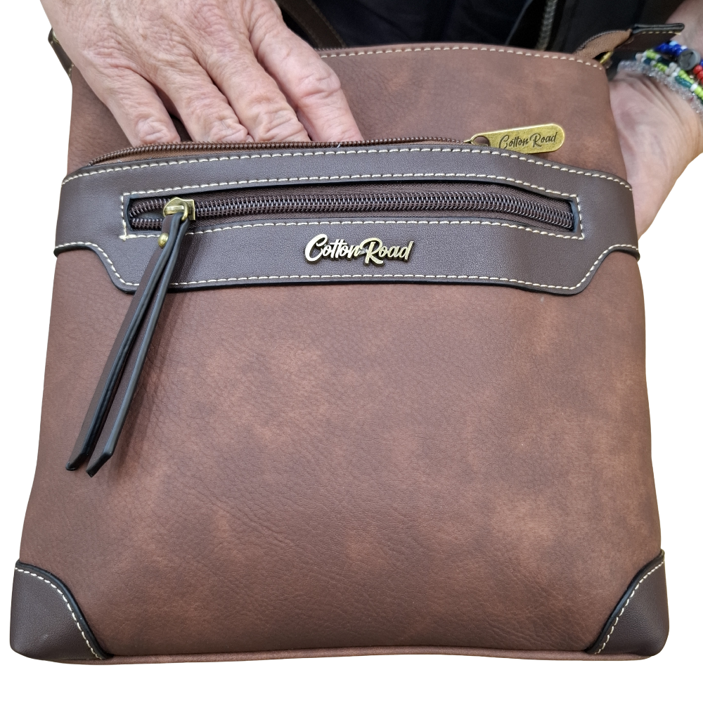COTTON ROAD SLING BAG: Brown Soft PU Leather CROSSBODY with BROWN TRIM POCKETS