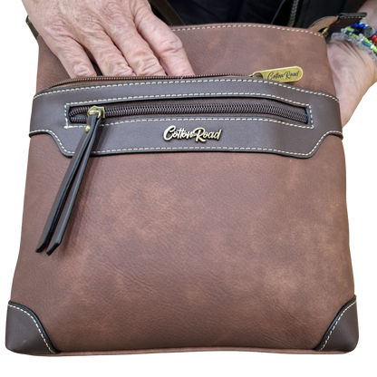 COTTON ROAD SLING BAG: Brown Soft PU Leather CROSSBODY with BROWN TRIM POCKETS