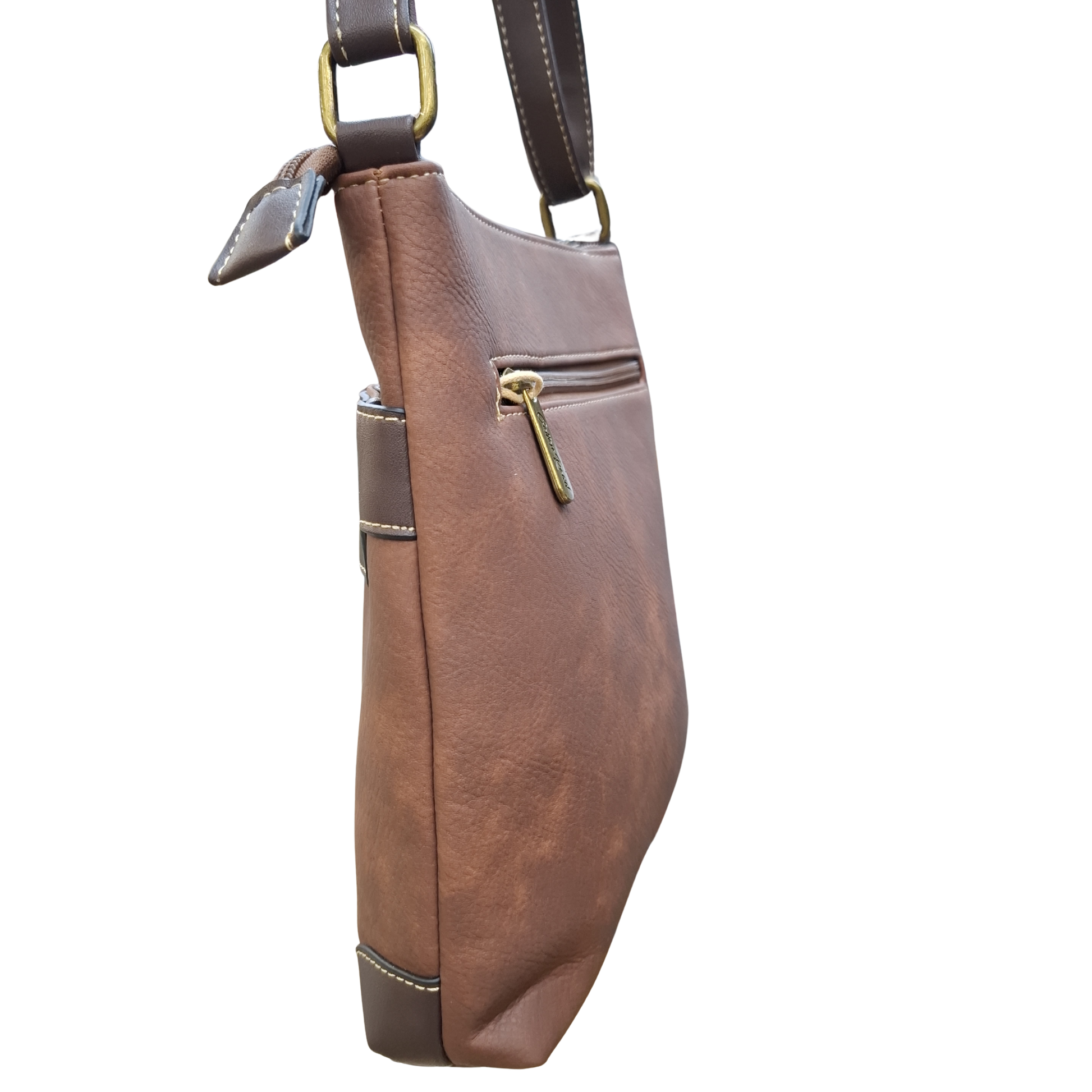 COTTON ROAD SLING BAG: Brown Soft PU Leather CROSSBODY with BROWN TRIM SIDE