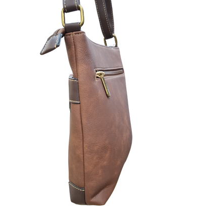COTTON ROAD SLING BAG: Brown Soft PU Leather CROSSBODY with BROWN TRIM SIDE