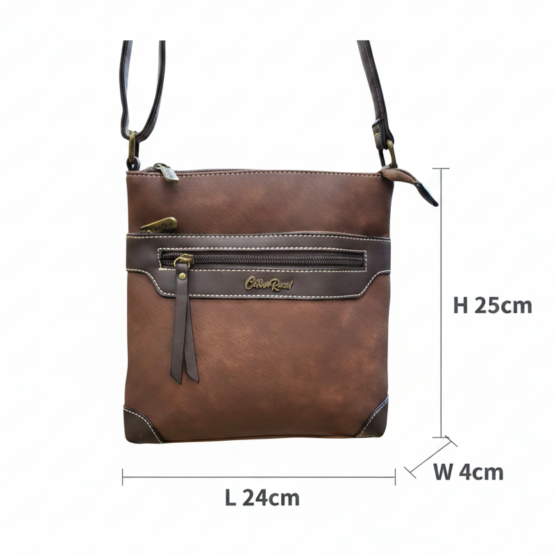Cotton Road Sling Bag: BROWN Soft PU Leather Crossbody with BROWN Trim