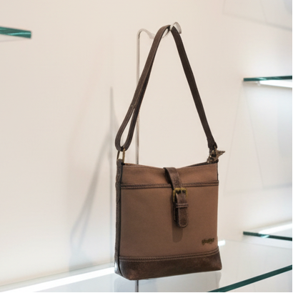 COTTON ROAD SLING BAG: COFFEE BROWN CANVAS AND PU LEATHER CASUAL BAG