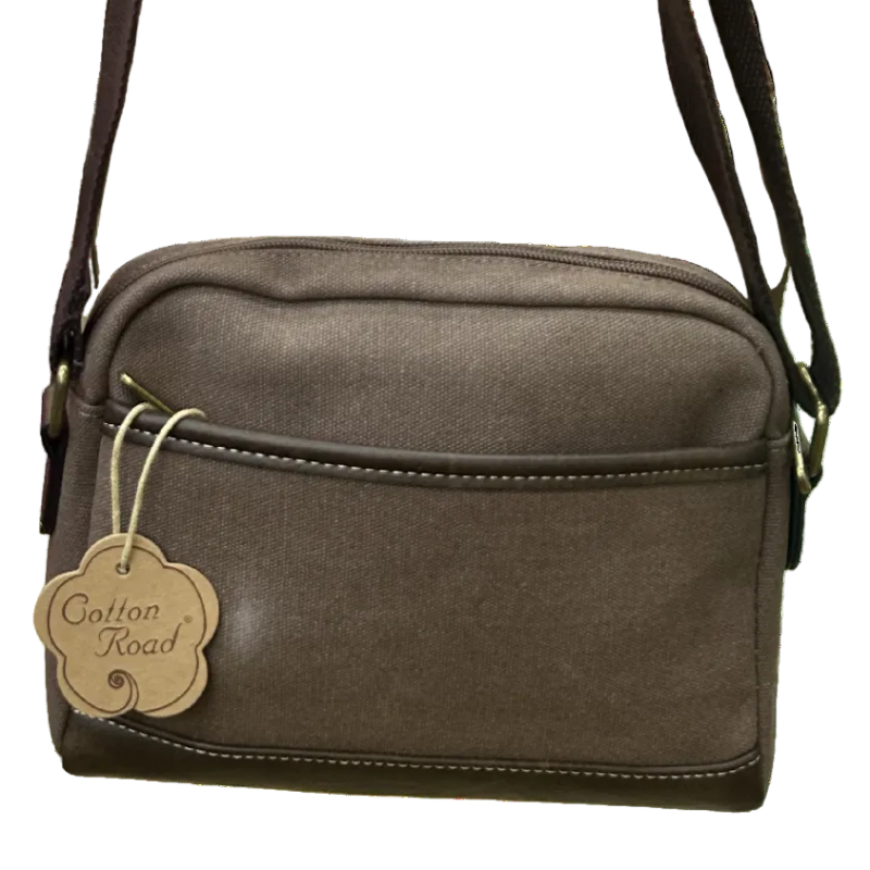 COTTON ROAD SLING BAG: COFFEE BROWN Canvas with PU Leather Trim Bag BACK