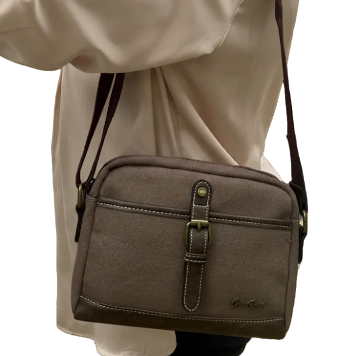 COTTON ROAD SLING BAG: COFFEE BROWN Canvas with PU Leather Trim Bag