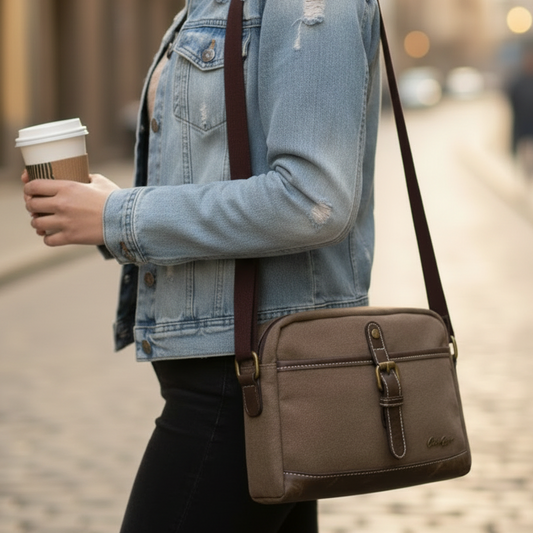 Cotton Road Sling Bag: COFFEE BROWN Canvas with PU Leather Trim
