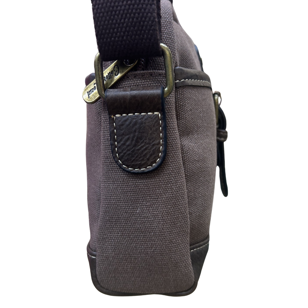 COTTON ROAD SLING BAG: COFFEE BROWN Canvas with PU Leather Trim Bag SIDE