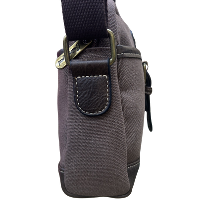 COTTON ROAD SLING BAG: COFFEE BROWN Canvas with PU Leather Trim Bag SIDE