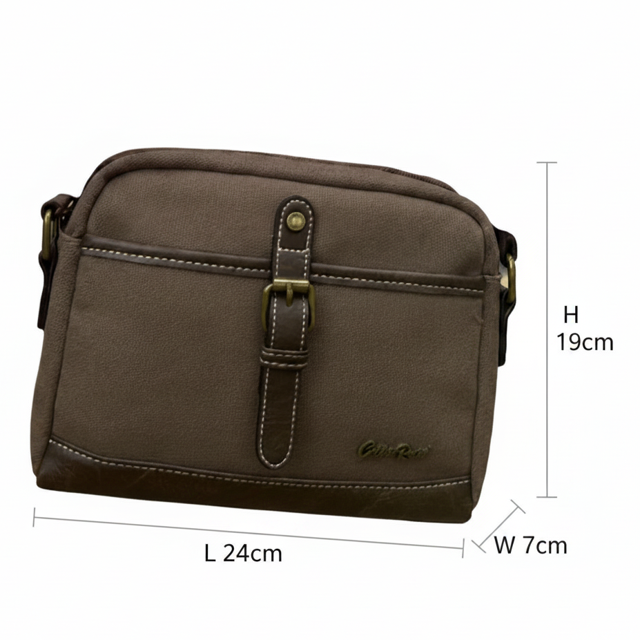 COTTON ROAD SLING BAG: COFFEE BROWN Canvas with PU Leather Trim Bag SIZE