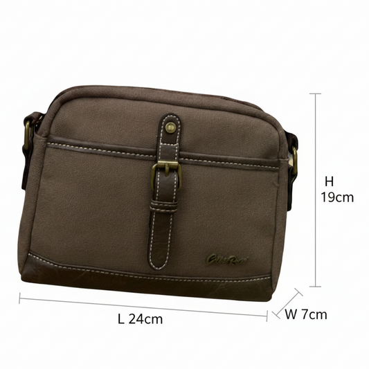 COTTON ROAD SLING BAG: COFFEE BROWN Canvas with PU Leather Trim Bag SIZE