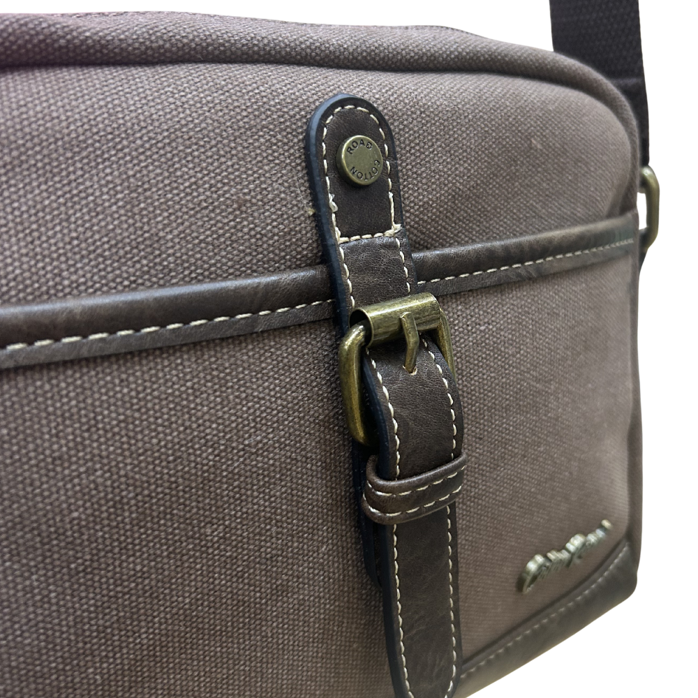 COTTON ROAD SLING BAG: COFFEE BROWN Canvas with PU Leather Trim Bag ZOOM