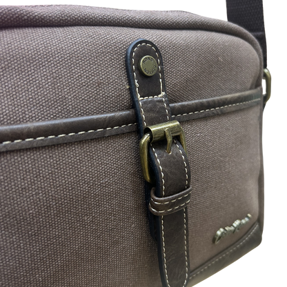COTTON ROAD SLING BAG: COFFEE BROWN Canvas with PU Leather Trim Bag ZOOM