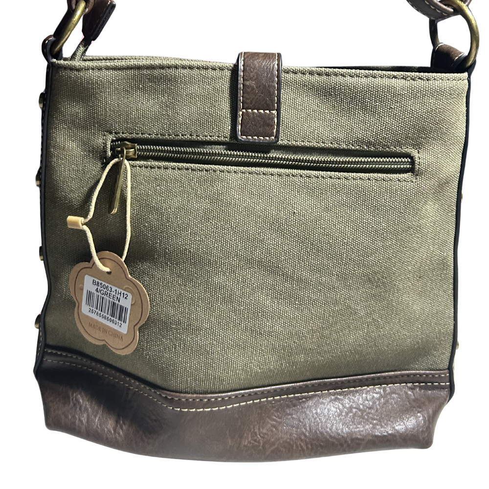 COTTON ROAD SLING BAG: GREEN CANVAS AND PU LEATHER CASUAL BAG BACK