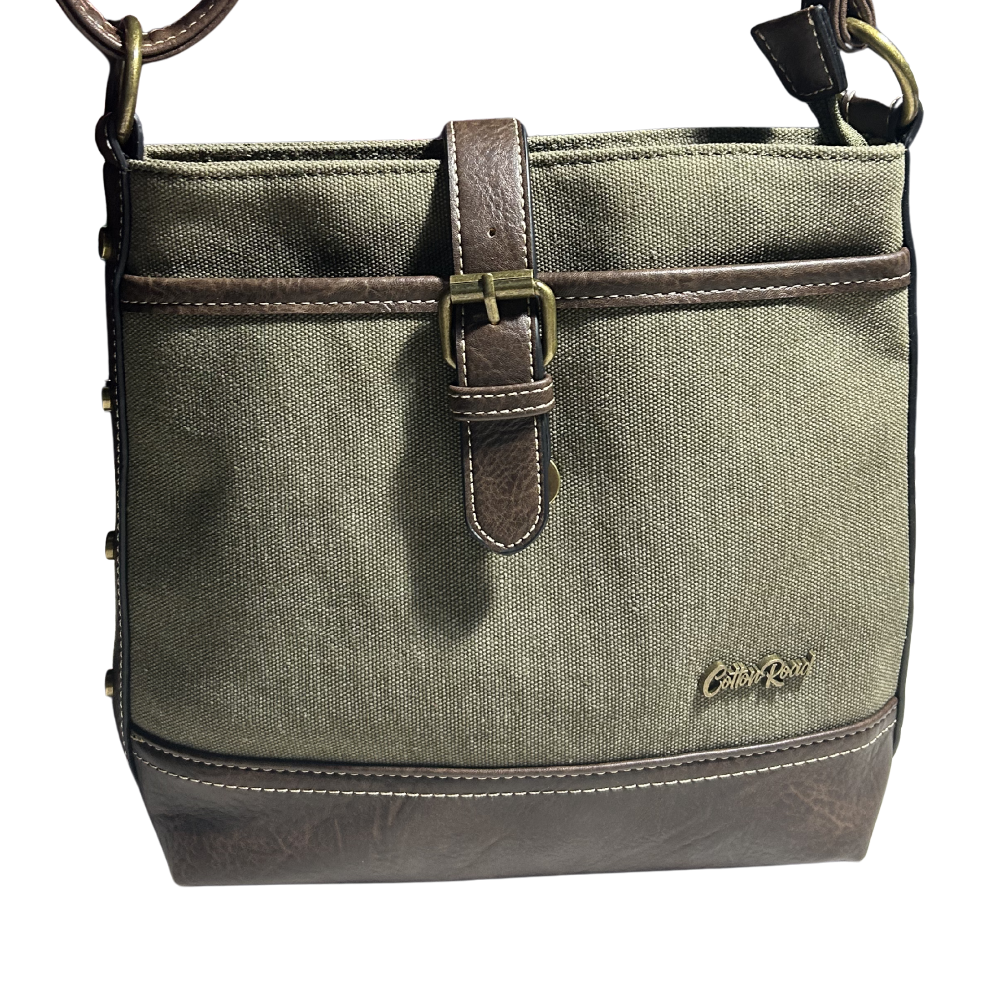 COTTON ROAD SLING BAG: GREEN CANVAS AND PU LEATHER CASUAL BAG FRONT
