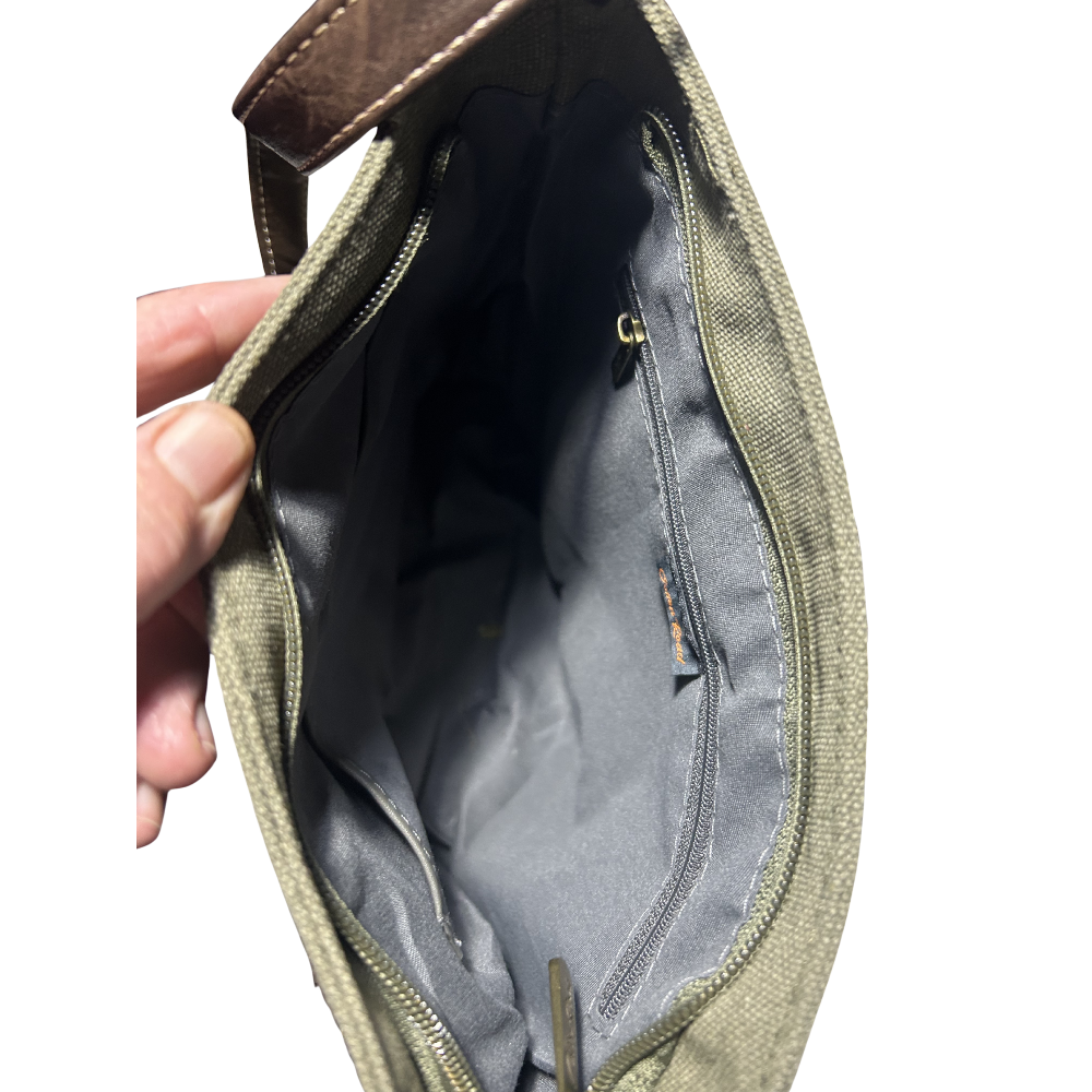COTTON ROAD SLING BAG: GREEN CANVAS AND PU LEATHER CASUAL BAG INTERIOR