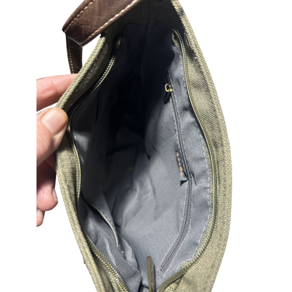 COTTON ROAD SLING BAG: GREEN CANVAS AND PU LEATHER CASUAL BAG INTERIOR