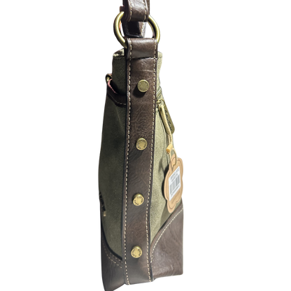 COTTON ROAD SLING BAG: GREEN CANVAS AND PU LEATHER CASUAL BAG SIDE
