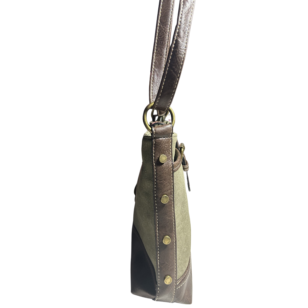 COTTON ROAD SLING BAG: GREEN CANVAS AND PU LEATHER CASUAL BAG SIDE VIEW