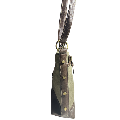 COTTON ROAD SLING BAG: GREEN CANVAS AND PU LEATHER CASUAL BAG SIDE VIEW