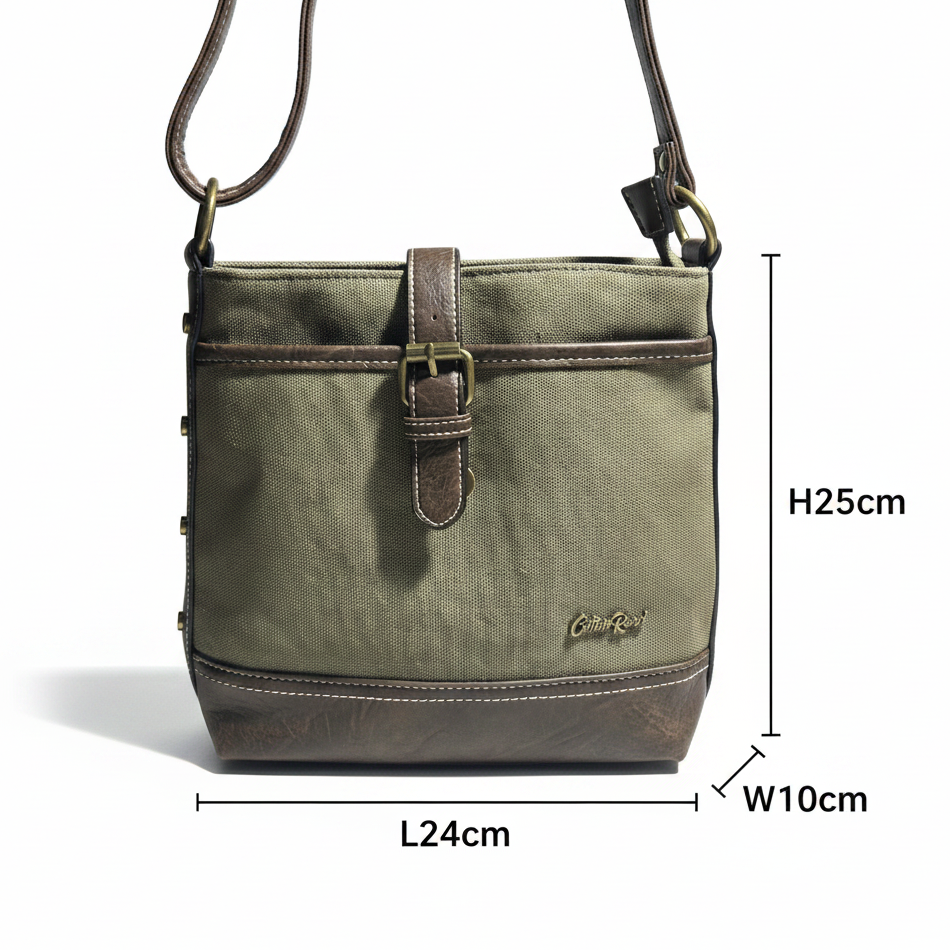 COTTON ROAD SLING BAG: GREEN CANVAS AND PU LEATHER CASUAL BAG SIZE
