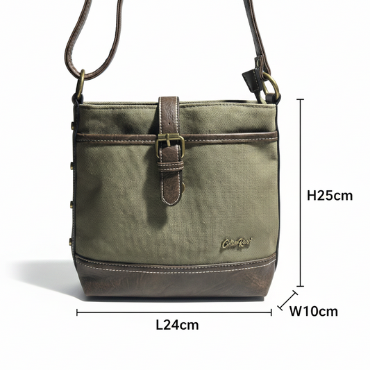 COTTON ROAD SLING BAG: GREEN CANVAS AND PU LEATHER CASUAL BAG SIZE